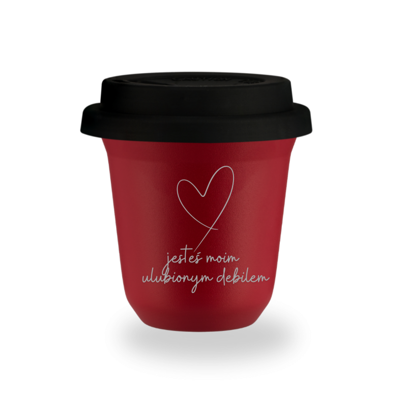 Kubek 150 ml CZERWONY "Jesteś moim ulubionym debilem", z pokrywką czarną